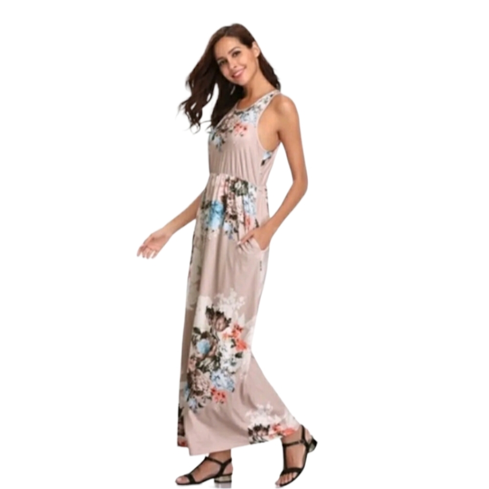 Lilly Posh Boutique Floral Print Beige Maxi Dress Women's Size XL